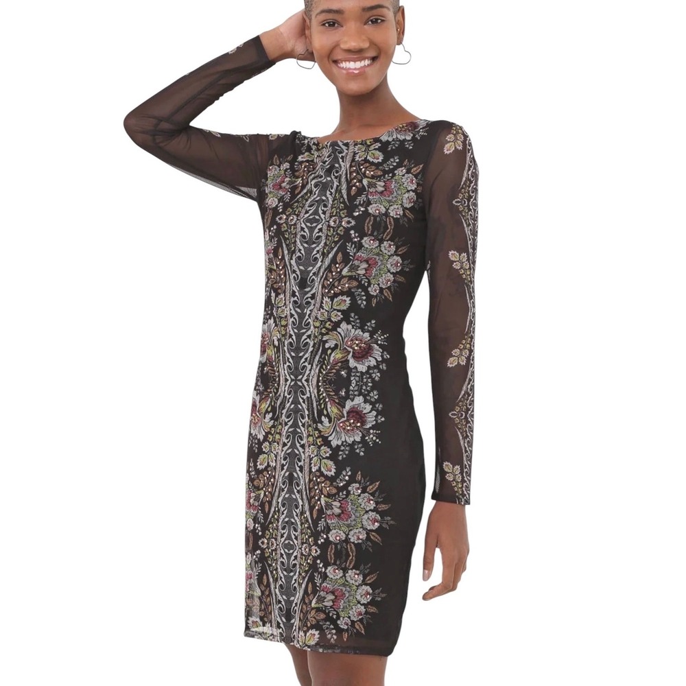 Desigual Womens Black Floral Damask Mesh Overlay Artsy Sequin Sheath Dress XS